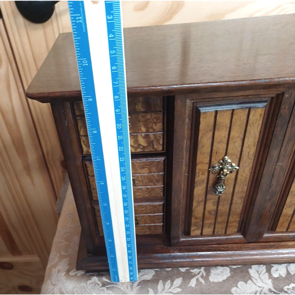 VTG Wood Jewelry Large Box MCM Organizer Japan 16x7x9* READ Cracked Mirror - Picture 14 of 16